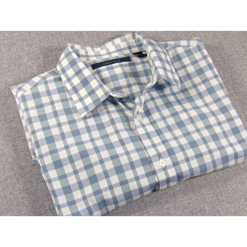 Perry Ellis Mens Large Blue Gingham Check Short Sleeve Button Down Cotton Shirt